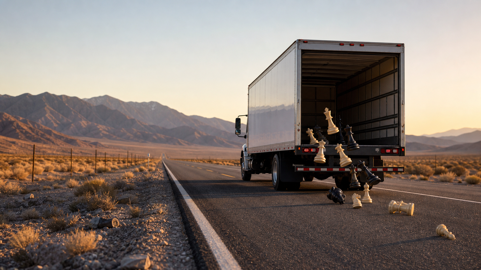 moving truck dropping chess pieces in the Mojave desert.